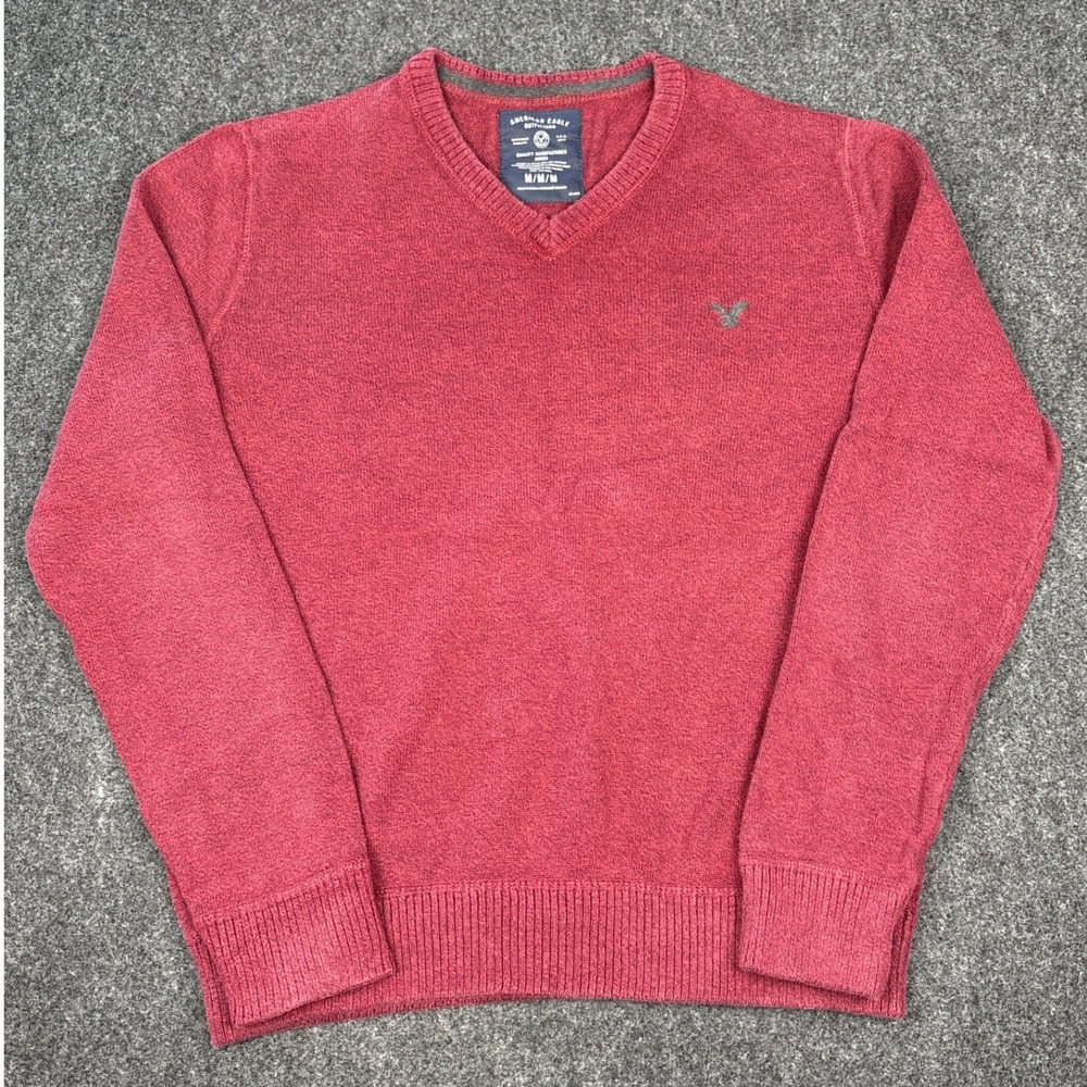American Eagle Mens V-Neck Sweater Red Marl Knit Eagle Logo Pullover Medium